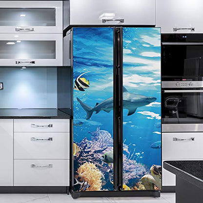 Nature Art Self Stick Vinyl Door Mural Sticker, Peel and Stick Removable Refrigerator Wrap Decal, Marine Life, 32.3x78.7, 2 Pcs Set - color: Marine Life