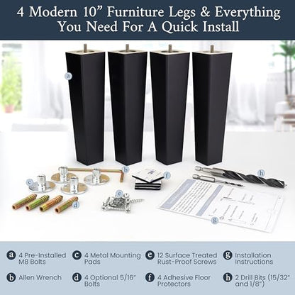 Airy Abode Premium Black Square Furniture Legs (Full Install Kit) - Pick Your Size and Color - color: Black, size: 10 Inches