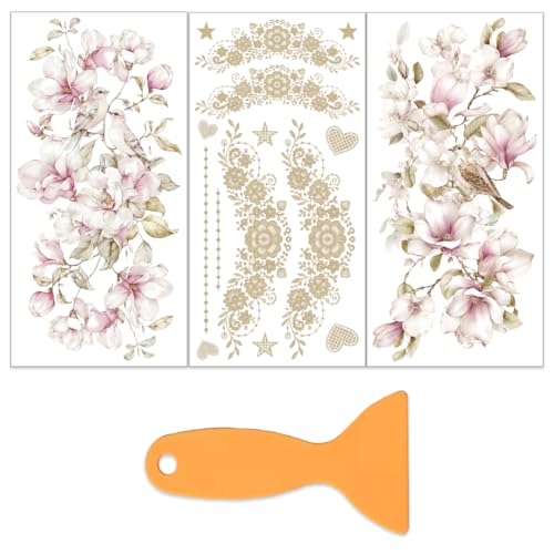OLYCRAFT 3Pcs Pink Magnolia Rub on Transfers for Furniture 6x12 Inch Love Birds Furniture Decals Decor Golden Lace Transfer Stickers with 1Pc Scraper for Valentine's Day Glass Cups Cabinets Decor - style: Love birds