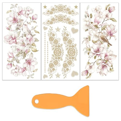 OLYCRAFT 3Pcs Pink Magnolia Rub on Transfers for Furniture 6x12 Inch Love Birds Furniture Decals Decor Golden Lace Transfer Stickers with 1Pc Scraper for Valentine's Day Glass Cups Cabinets Decor - style: Love birds
