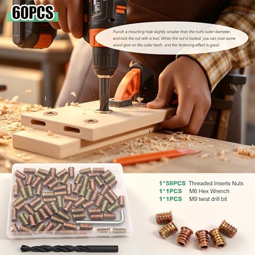 Twidec/60PCS 1/4"-20 Threaded Inserts for Wood Furniture Screw-in Nut Wood Inserts Bolt Assortment Kit with M6 Hex Wrench (1/4"-20 x20mm) N-059-1/4x20 - size: 1/4-20x20mm
