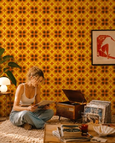 壁紙屋本舗 Retro 70s Groovy Peel and Stick Wallpaper Removable Orange 9in×19.7ft - color: Orange