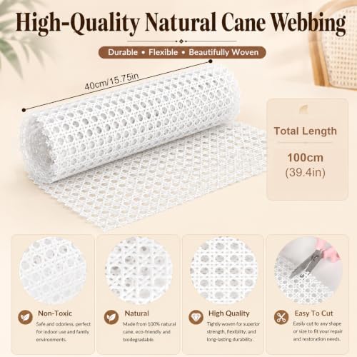 Reaeng Rattan Repair Kit for Chair Caning, Complete Furniture Restoration Kit with 15.7 x 39.4 Inch Cane Webbing Roll, Spline, 2 Caning Chisels and 8 Wooden Wedges - color: White