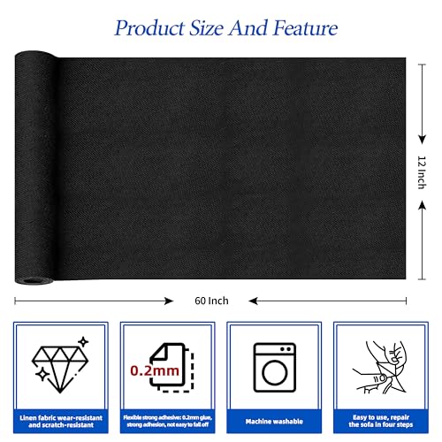 KING MOUNTAIN Linen Iron on Patch,12"×60",Couch Fabric Repair Patch,Used for Various Sofa,Seats, Pillow (Black) - color: Black, size: Linen-12x60