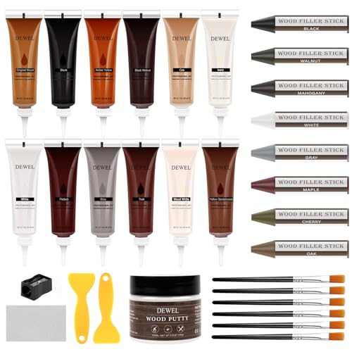 DEWEL Wood Furniture Repair Kit, 31 Pcs Scratch Repair Wood Filler, Wax Sticks with Wood Putty for Wood Floors, Scratches, Cracks, Hole, Laminate, Table, Bedposts - color: 12+8 Color