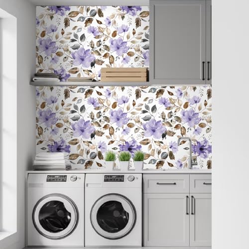 Modern Purple Floral Peel and Stick Wallpaper 17.7" x 124" - color: Purple/Brown, size: 17.7" x 124"
