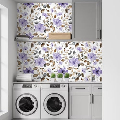 Modern Purple Floral Peel and Stick Wallpaper 17.7" x 124" - color: Purple/Brown, size: 17.7" x 124"