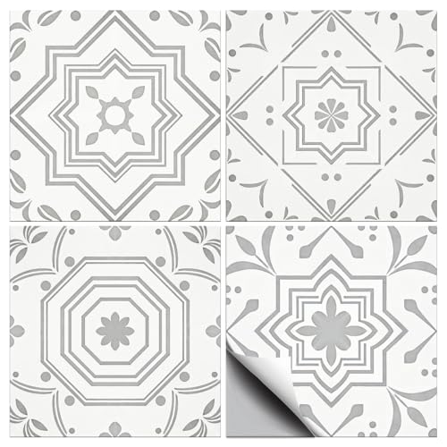 36 Pcs 4 Styles Gray and White Patten Tile Sticker Geometric Patten Wall Tile Stickers Waterproof Self Adhesive Stick on Decals for Kitchen Bathroom Wall Art 4×4 Inch - color: Gray and White Patten