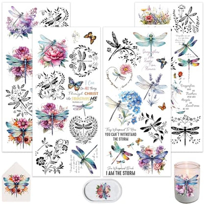 4 Sheets Rub on Transfers for Crafts, Dragonflies Furniture Transfers for Wood, Glass, Plastic & Ceramics, Decorative Decals - style: Dragonflies