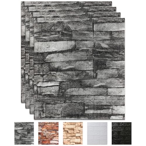 Peel and Stick 3D Foam Stone Wall Panels, Self Adhesive Wallpaper - color: Black Rock, size: 10 Pack