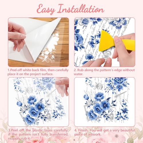 Peacoblue Blue Floral Background Rub On Transfers for Furniture 6"x12" - style: Blue Flowers with A Full Background
