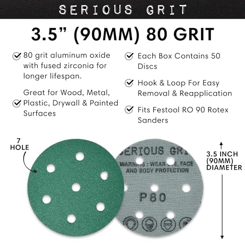 Serious Grit - 3.5" (90mm) 7-Hole P80 Grit Sanding Discs - 50 Pack Box - size: 80 Grit