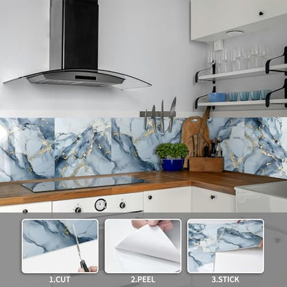 10 Sheets Marble Peel and Stick Backsplash Tile, 12"x12" Waterproof PVC Self Adhesive Tile Shower Wall Panels for Bathroom, Kitchen, Living Room (Metallic Blue) - color: Metallic Blue