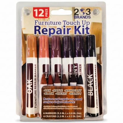 Furniture Touch-Up Markers Set | Wood Repair Kit for Fixing Stains and Scratches on Floors, Tables, Bedposts, Desks | Markers and Wax Sticks to Cover Up Oak Maple Cherry Walnut Mahogany