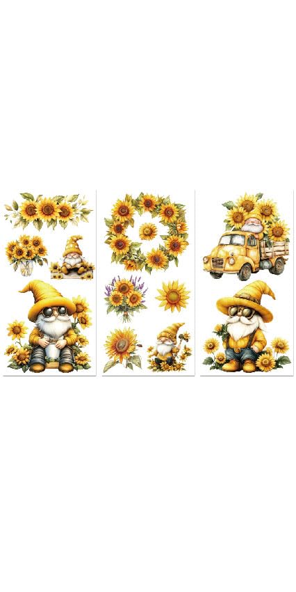 Peacoblue Sunflowers and Gnome Rub On Transfers for Furniture Craft 6"x12" - style: Sunflowers and Gnome