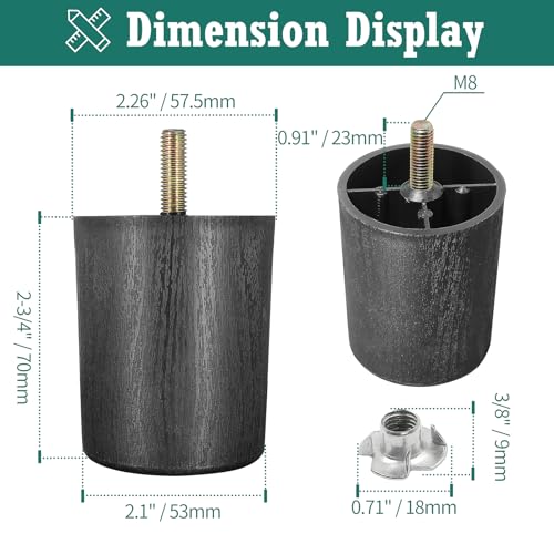 4pcs Plastic Furniture Legs 2-3/4" with T-Nuts, M8-1.25 Bolt - size: 2-3/4 Inch, M8-1.25 Metric Thread Bolts