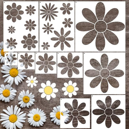 AFRITEE Large Flower Stencils for Painting on Wood - 10 Pcs Floral Daisy Reusable Plastic Wood Stencils - style: Flower