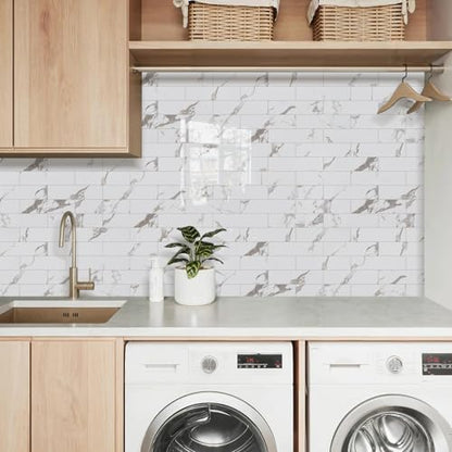 Vamos Tile Peel & Stick Backsplash on Subway Tile,40-Pack 3''x12'',Glossy - color: White Marble with White Grout