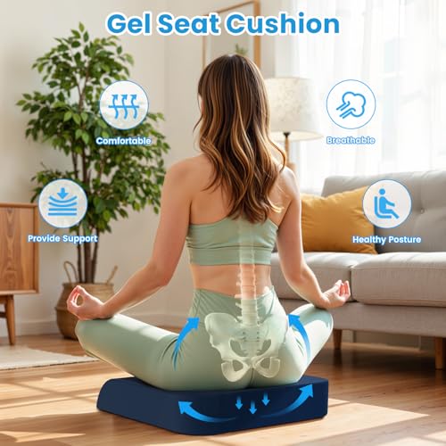 Wheelchair Seat Cushion - Cooling Gel & Memory Foam Office Chair Cushion with Non-Slip Bottom & Washable Cover, Ergonomic Car Seat Pillow for Sciatica, Tailbone, Back Comfort (Navy Blue) - color: Navy Blue