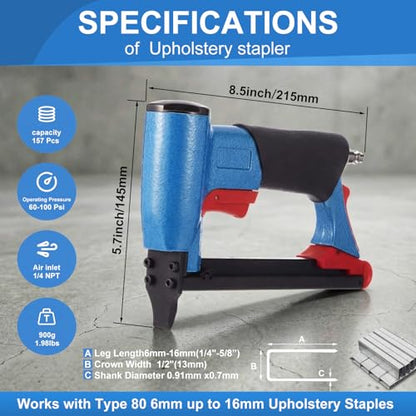 Pneumatic Upholstery Stapler, 21 Gauge Compatible with 80 Series Air Staple Gun (1/2" Crown), 1/4"-5/8" Length, 190-staple Magazine, 60-100 Psi, 1/4" Npt - style: Short,21 Gauge