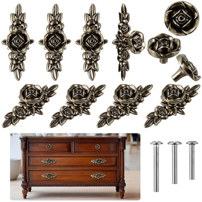10 Pcs Antique Brass Cabinet Knobs Vintage Retro Drawer Knobs with Backplate Flower Shape Metal Dresser Pull Handles for Kitchen Cupboard Wardrobe Cabinet(Rose Cluster) - style: Rose Cluster