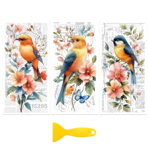 Peacoblue Single Bird Flower Rub On Transfers for Furniture 6"x12" - style: Single Photo Of Bird And Flower