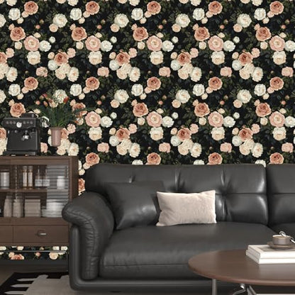 Laatse Dark Floral Rose Peel and Stick Wallpaper 17.5" x 118",Black/White - color: Pink&White, size: 118" x 17.5"