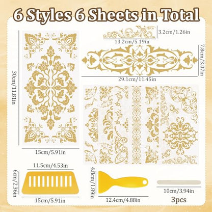 WANDIC 6 Sheets Rub on Transfer Stickers, Gold Line Floral Border Pattern Decorative Furniture DIY Stickers Decals for Scrapbook Present Boxes,15 * 30cm (Pack of 3)
