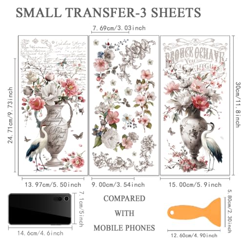 OLYCRAFT 3Pcs/Set Vase and Bird Rub on Transfers for Furniture and Craft 6x12 Inch Peony Furniture Decal Transfer Stickers Rub on Decal with 1pc Scraper for Cabinet Wardrobe Decoration - style: Vase