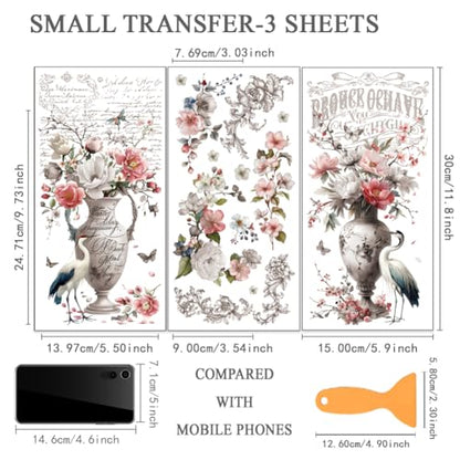 OLYCRAFT 3Pcs/Set Vase and Bird Rub on Transfers for Furniture and Craft 6x12 Inch Peony Furniture Decal Transfer Stickers Rub on Decal with 1pc Scraper for Cabinet Wardrobe Decoration - style: Vase