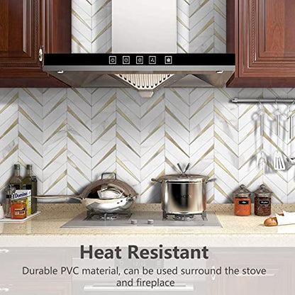 STICKGOO Herringbone Tile Peel and Stick Backsplash for Kitchen&Bathroom - color: White Marble Mixed Gold