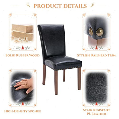 Parsons Dining Chairs Set of 2, Upholstered Nailhead PU Leather Dining Room Kitchen Side Chair with Thick Cushions and Wood Legs, Black - color: Black, size: set of 2