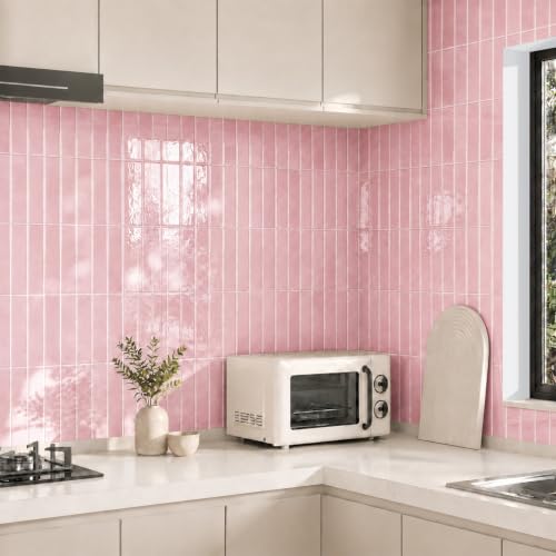 Backsplash Tile Peel and Stick, 11.42'' x 9'', Pink - color: Pink