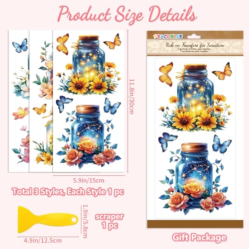 Peacoblue Mason Jar Butterflies Rub On Transfers for Furniture 6"x12" - style: Mason Jar With Flowers Fireflies And Butterflies