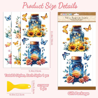 Peacoblue Mason Jar Butterflies Rub On Transfers for Furniture 6"x12" - style: Mason Jar With Flowers Fireflies And Butterflies