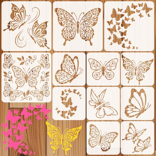 12Pcs Butterfly Stencil for Painting Reusable PET Painting Stencils Set Spring Drawing Templates for Wood Furniture Canvas Paper Fabric - color: Butterfly