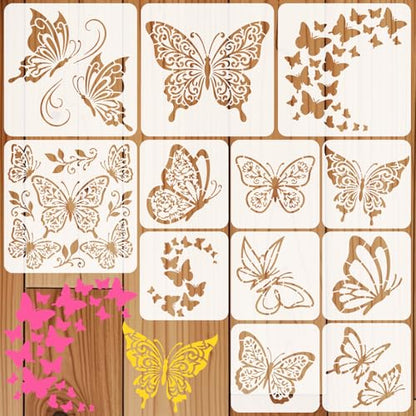 12Pcs Butterfly Stencil for Painting Reusable PET Painting Stencils Set Spring Drawing Templates for Wood Furniture Canvas Paper Fabric - color: Butterfly