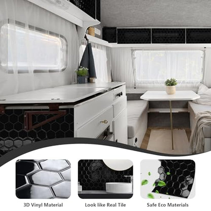 10-Sheet Hexagon Peel and Stick Kitchen Backsplash Tiles,Honeycomb Waterproof Self-Adhesive Wall Tile Stick on Backsplash for Kitchen,RV and Bathroom(Black,12"×12") - color: Black