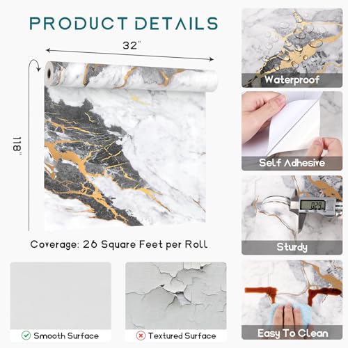 VEELIKE Extra Wide Black and White Marble Contact Paper with Gold Veins 32''x118'' Peel and Stick Countertops Waterproof Self Adhesive Vinyl Countertop Wrap Thick Marble Wallpaper for Kitchen Bathroom - size: 32" x 118"