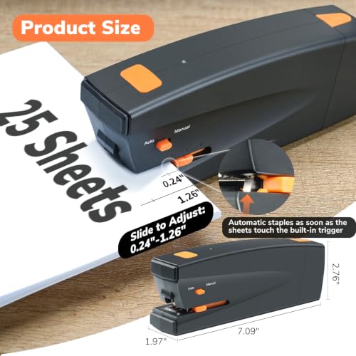 Rechargeable Electric Stapler, 25 Sheet Capacity, Quiet Operation, Jam-Free and Easy Reload, Includes 1000 Staples, Black
