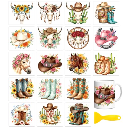 Peacoblue Western Cowboy, Flowers Rub On Transfers Sticker for Craft - style: Western Cowboy Elements with Flowers