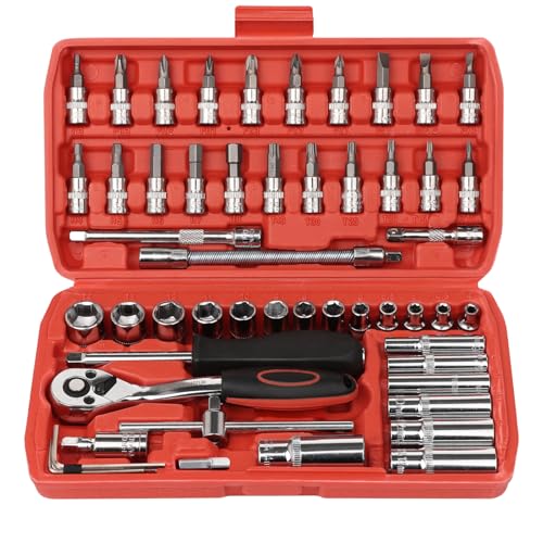 Egofine 53 Pieces 1/4 inch Drive Socket Ratchet Wrench Set with 72 Tooth Reversible Ratchet, with Bit Socket Set and Extension Bar for Auto Repairing and Household, with Storage Case - color: Red, size: 1/4" 53 PCS with 72 Teeth Ratchet