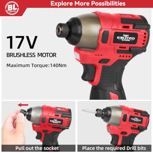 140Nm 17V Brushless Impact Screwdriver with 2 Batteries (Red) - color: Red, size: 17V Brushless Screwdriver
