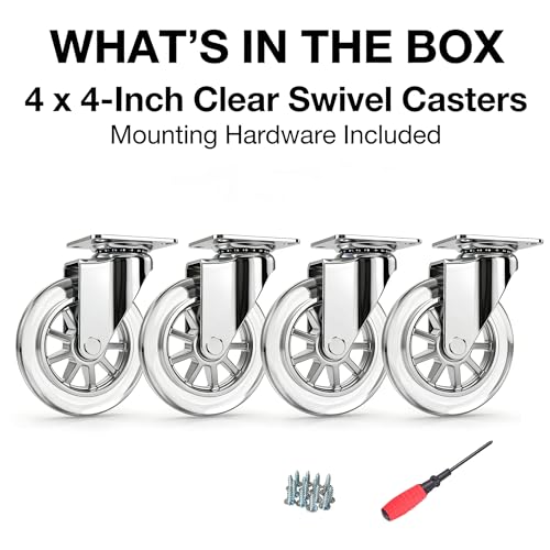 4" Caster Wheels, 1100lbs, Non-Marking, Quiet, Clear, Set of 4 - size: 4 inch, No Brake