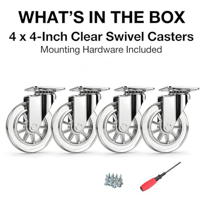 4" Caster Wheels, 1100lbs, Non-Marking, Quiet, Clear, Set of 4 - size: 4 inch, No Brake