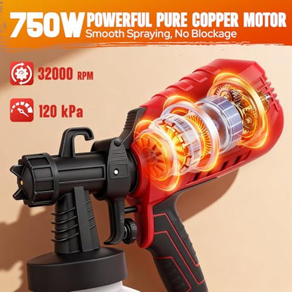 Electric Paint Sprayer HVLP 750W Paint Gun, 40.58 Oz Detachable Container, 4 Nozzles 3 Spray Patterns & Adjustable Flow Control, for House Painting Furniture Cabinet Fence Wall Door
