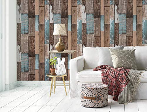 EeeComing 393"X17.7" Wood Wallpaper Peel and Stick Wood Look Grain Plank Contact Paper Vintage Wall Paper Stick and Peel Self Adhesive Removable Wallpaper Rustic Distressed Faux Vinyl Roll