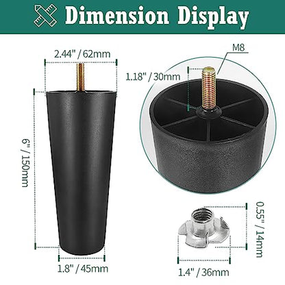 4pcs Plastic Furniture Legs 6" with T-Nuts, M8-1.25 Thread Bolt - size: 6 Inch, M8-1.25 Metric Thread Bolts