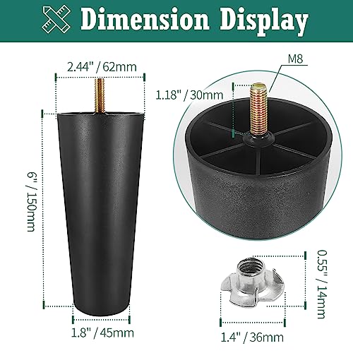 4pcs Plastic Furniture Legs 6" with T-Nuts, M8-1.25 Thread Bolt - size: 6 Inch, M8-1.25 Metric Thread Bolts