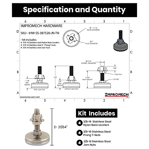 Stainless Steel Outdoor Leveler Kit- (4) 3/8-16 Leg Levelers for Cabinets, Patio Furniture, and Table Legs - Adjustable Height Leveling Feet with Jam Nuts to Stabilize Feet (Kit with 4 Prong T-Nuts)